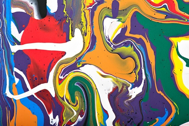 Abstract acrylic modern painting fragment, rainbow stains texture